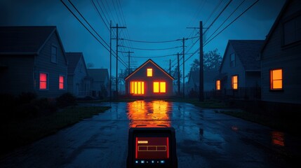 A dramatic nighttime scene of a power outage, where a single home remains illuminated thanks to its battery backup system. The surrounding houses are in darkness, with the glow of the powered home