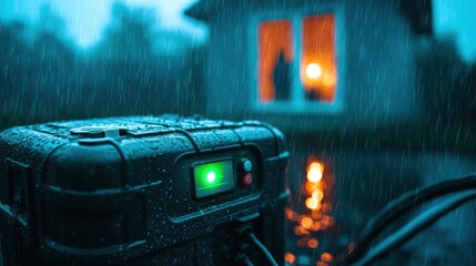 A close-up shot of a portable emergency generator actively supplying power to a home during a storm. Raindrops glisten on the metal casing, and an LED indicator glows green, signaling proper