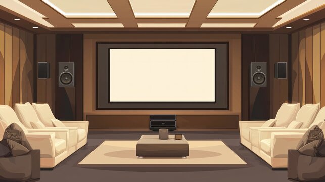 A modern basement with a home theater setup, featuring a large flat-screen TV, surround sound, and luxurious seating.