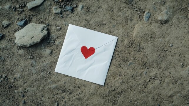 Crumpled white envelope, red heart sticker, lying abandoned on dusty rural path, hinting at undelivered romantic correspondence