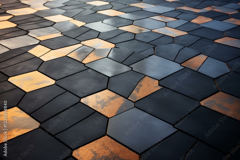 Aufkleber close up of a modern pavement featuring hexagonal tiles in black and copper colors, creating a textu