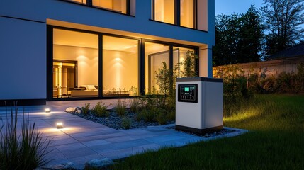 A minimalist composition featuring a sleek, modern backup generator installed outside a contemporary smart home, integrated seamlessly with the house s power system. The generator s design is
