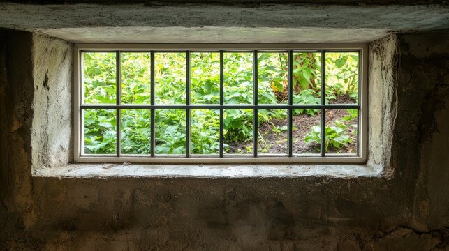 A basement window with bars, looking out at a small garden or backyard, providing a view from below ground.