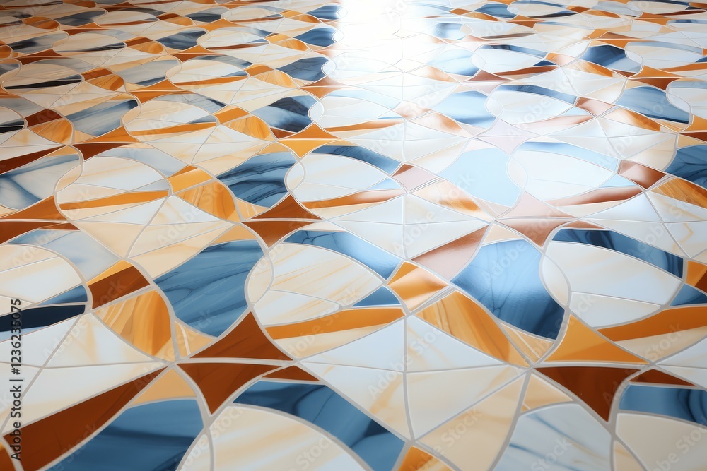 Aufkleber floor featuring glossy ceramic tiles arranged in a captivating geometric pattern, reflecting light a