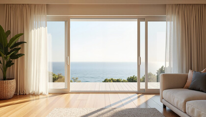 Fototapeta premium Open Window with Curtains and Ocean View in Luxury Living Room