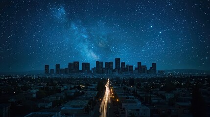 A long-exposure shot of a city skyline during a massive power outage, with most buildings in darkness except for a few backup-lit homes scattered throughout. The stars shine brighter against the