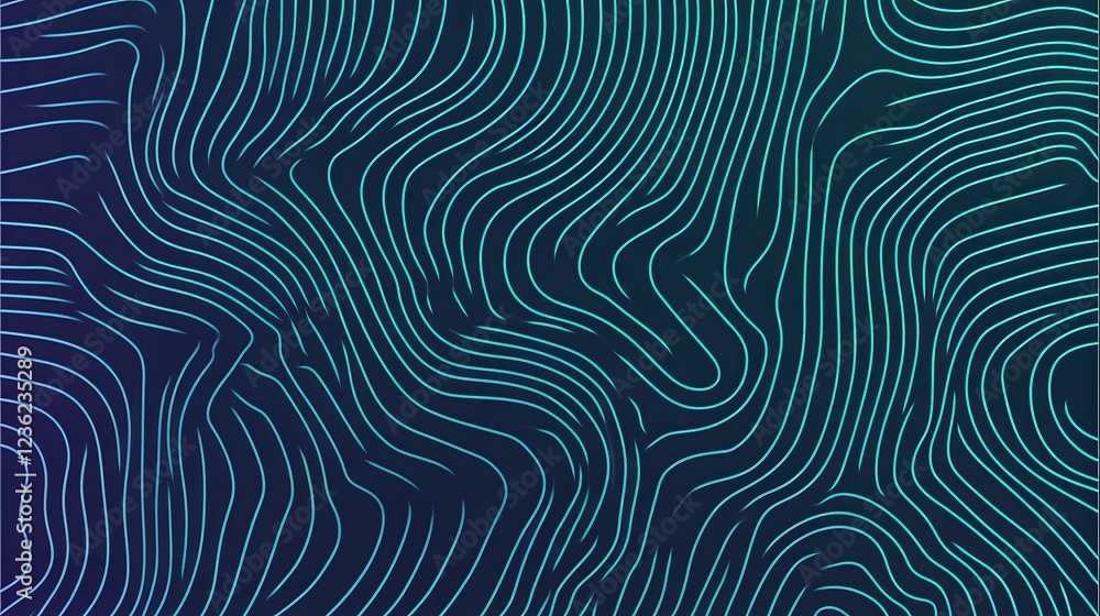 Poster wavy turquoise lines curving across deep blue backdrop, generating dynamic abstract pattern with flu