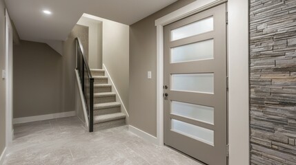 A modern basement door with frosted glass panels, providing an entrance to a fully finished basement.