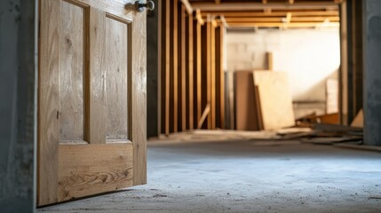 A basement door with a vintage handle, opening into a dark, unfinished basement full of construction materials.