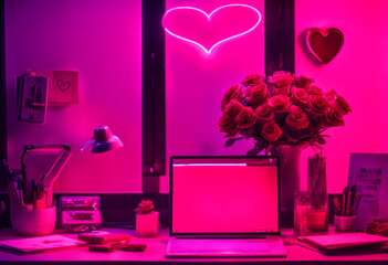 Obraz premium A laptop screen showing a Valentine's Day online store with red and pink products, perfect for the holiday.