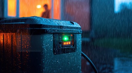 A close-up shot of a portable emergency generator actively supplying power to a home during a storm. Raindrops glisten on the metal casing, and an LED indicator glows green, signaling proper