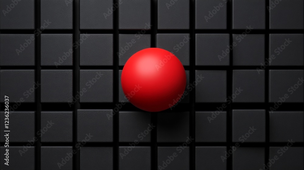 Poster Red Sphere on Black Grid: A vibrant red sphere rests on a grid of dark gray cubes, creating a striking contrast and minimalist composition.  The image evokes feelings of boldness, singularity.