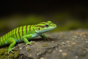Fototapeta premium green lizard perched on moss covered stone striped pattern