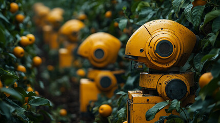 Yellow Robots in Orchard Modern Technology Digital Art Futuristic Agriculture farm crop fruit image 