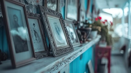 Antique photo frames shelf, vintage shop, blurry background, nostalgic decor