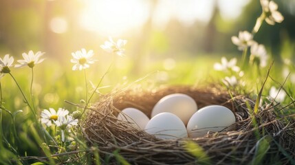 Obraz premium Pastel Easter eggs nestled among spring flowers, radiating warmth and renewal in a serene meadow setting.