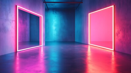 Neon pink and blue illuminated room with reflective floor