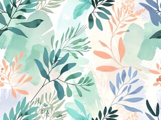 Serene Watercolor Botanical Print: Teal, Peach, and Blue Leaves on a White Background