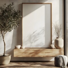 Modern home interior a mock up frame standing on a wooden cabinet Minimal decor includes a small potted plant and sleek accessories Warm lighting enhances the cozy atmosphere in this 3D render