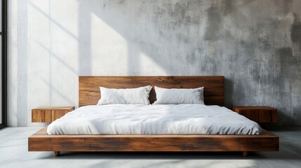 Modern Minimalist Bedroom with Wooden Bed Frame and White Bedding in Bright Natural Light