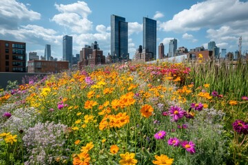 Colorful wildflowers blooming on green roof in manhattan with new york city skyline