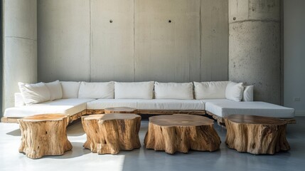 A Modern, Minimalist Living Room With A White Sectional Sofa And Unique Tree Stump Coffee Tables. The Concrete Wall Provides A Sleek Backdrop. The Scene Is Peaceful And Serene.