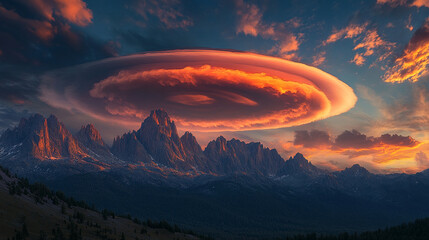 Majestic mountain landscape with a surreal swirling cloud formation, creating an otherworldly atmosphere, showcasing the beauty and power of nature at sunset.