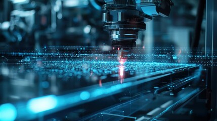A laser beam being used in a high-tech laboratory to conduct experiments, creating visible light patterns.