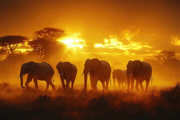 Fototapeta premium African Elephants Silhouetted Against a Sunset Landscape