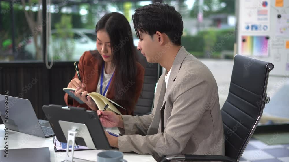 Poster Business team working and studying together with tablet document graph paper in office, discuss finance and marketing solution reporting file in working place.