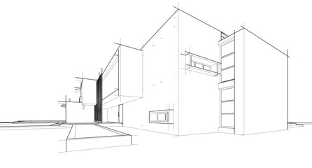 3D architectural wireframe of a modern house with large glass windows, open terrace, and pergola. Ideal for architectural visualization, real estate concepts, and building design presentations.