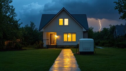 A cozy suburban home illuminated by backup generator power during a stormy evening, warm interior light glowing through large windows, visible generator stationed safely in the yard, storm clouds and