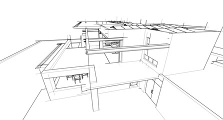3D architectural wireframe of a modern house with large glass windows, open terrace, and pergola. Ideal for architectural visualization, real estate concepts, and building design presentations.