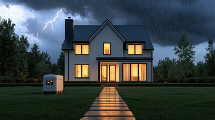 A cozy suburban home illuminated by backup generator power during a stormy evening, warm interior light glowing through large windows, visible generator stationed safely in the yard, storm clouds and