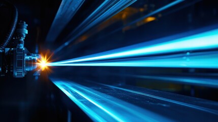 A high-tech lazer beam scanning a surface, emitting a bright, narrow line of light across an object.