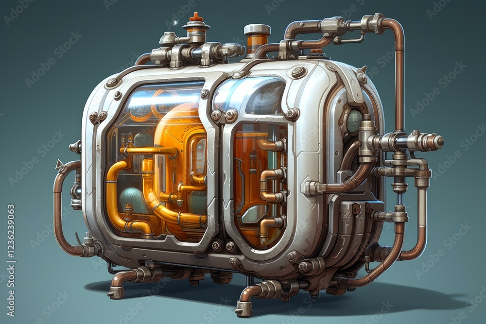 Poster steampunk inspired machine showcasing intricate pipework and valves within a transparent casing, hig
