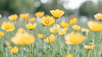 Obraz premium Yellow flowers bloom in park; summer day