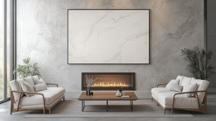 A Minimalist Living Room With White Sofas, A Modern Fireplace, And A Large Framed Artwork Above It, Creating A Serene And Sophisticated Atmosphere.