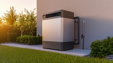 A sleek and modern generator setup on the side of a contemporary home, neatly installed with insulated wiring and safety precautions clearly visible, bright natural light highlighting the unit's
