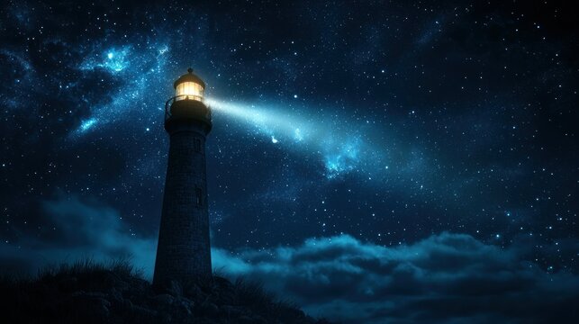 A powerful lighthouse beam cutting through the night sky, guiding ships safely towards the shore.