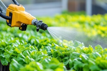 A robotic arm waters rows of vibrant green lettuce plants in a greenhouse setting.