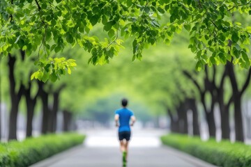 Fototapeta premium A lone runner on a tree-lined path, framed by fresh green leaves.