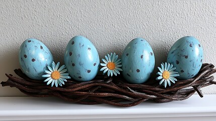 A charming Easter wreath featuring ivy, small daisies, and pastel egg decorations.