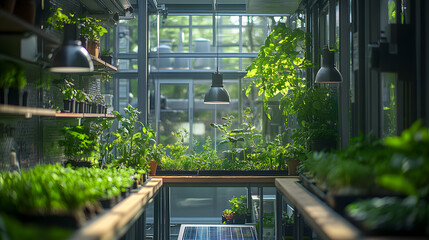 A solar-powered laboratory with green plants incorporated into the design, blending nature and technology seamlessly, during an eco-science project