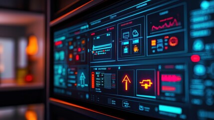 A close-up of a smart home energy panel displaying safety precautions and electrical status alerts, sleek modern design with digital touchscreen interface emphasized, energy-saving and safety tips