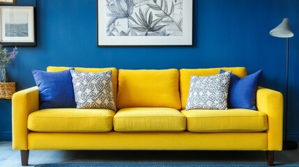 A Bright Yellow Sofa Sits Against A Deep Blue Wall, Adorned With Patterned Throw Pillows And Framed Art. The Room Is Stylish And Inviting.