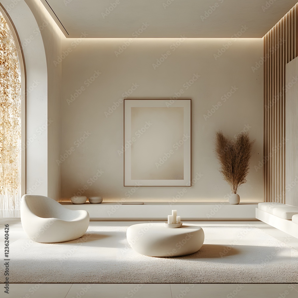 Poster modern white room featuring mockup frame on the wall surrounded by smooth contemporary furniture and