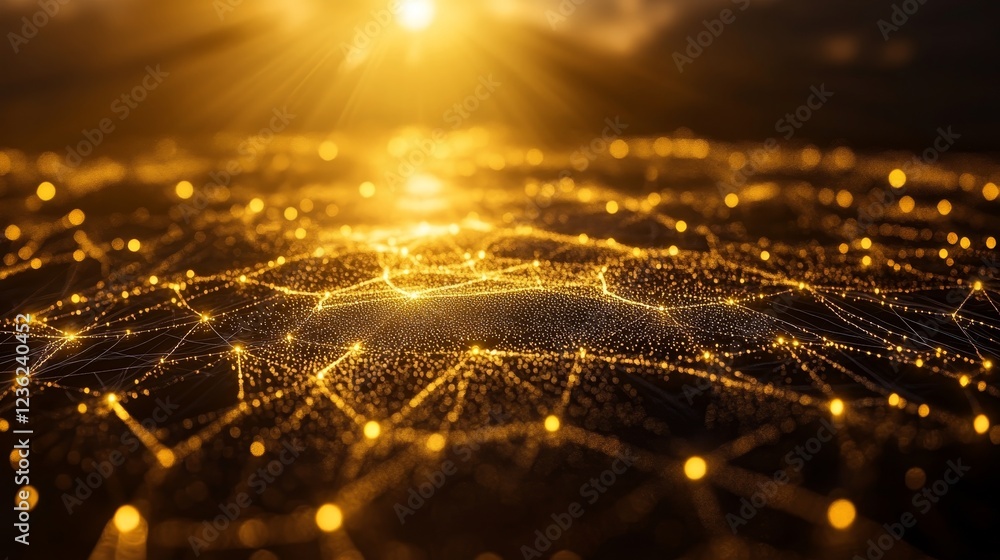 Poster golden interconnected network, abstract technology background with glowing lines and dots