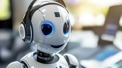 Friendly AI Robot with Headset Engaging in Digital Communication