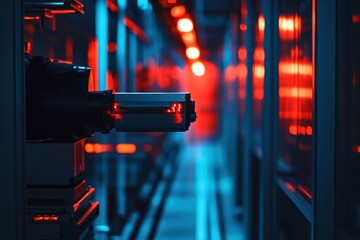 High-tech equipment operates in a dimly lit data center with vibrant lighting
